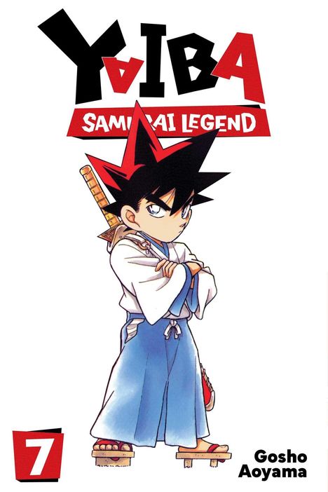 "YAIBA SAMURAI LEGEND 7, Gosho Aoyama." Ein Junge in Samurai-Kleidung mit Schwert. Illustration.