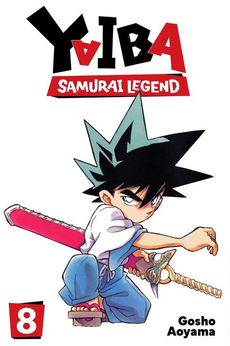 "YAIBA Samurai Legend": Ein junger Krieger mit stacheligem Haar und Schwert kniet kämpfbereit. Rote Zahl 8 unten links.
