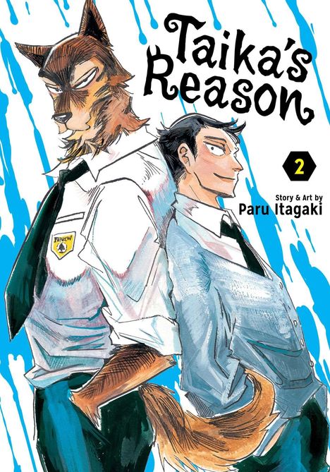 Zwei Figuren, ein Wolf und ein Mensch, in Schuluniformen, Hintergrund mit blauen Spritzern. Texte: "Taika's Reason", "2".