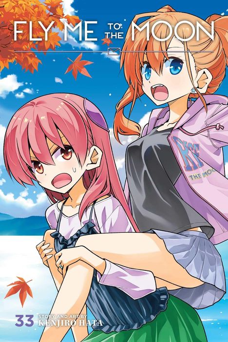„FLY ME TO THE MOON“ oben. Zwei Anime-Mädchen, eines mit rosa Haaren, das andere mit orange Haaren, trägt das erste.