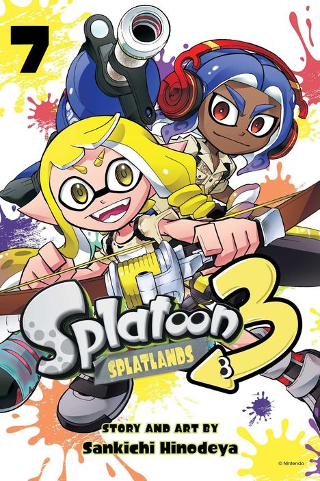 Zahl "7", "Splatoon 3", "Splatlands", "Story and Art by Sankichi Hinodeya". Illustration mit bunten Charakteren und Tintenklecksen.