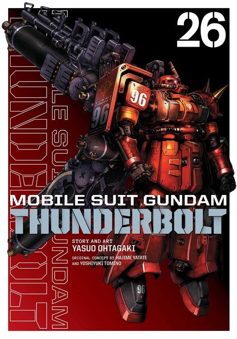 „MOBILE SUIT GUNDAM THUNDERBOLT 26“; mechanischer Anzug mit der Nummer 96, starke Akzente in Rot und Schwarz.