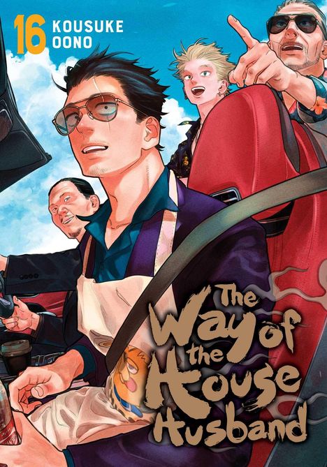 "16 KOUSUKE OONO" oben links, "The Way of the House Husband" unten. Illustration von fünf Personen in einem Auto.