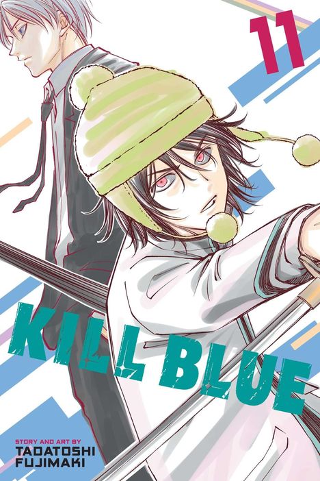 "11" oben rechts, "KILL BLUE" in großen Buchstaben in der Mitte, zwei animierte Figuren, eine mit grüner Mütze.