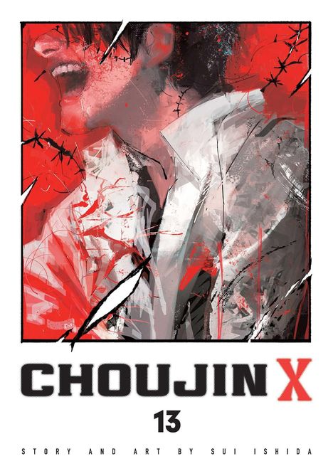 CHOUJIN X 13. Dynamische Illustration einer lachenden Person, vor rotem Hintergrund mit schwarzen Linien und Schattierungen.