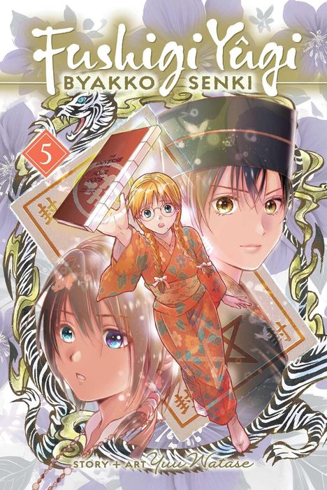 "Fushigi Yûgi Byakko Senki" oben in großer Schrift. Darunter ein Mädchen im Kimono, umgeben von weiteren Figuren auf farbigem Hintergrund.