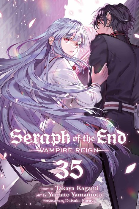 "Seraph of the End: Vampire Reign 35". Zwei Figuren, eine mit langem weißen Haar, die andere dunkelhaarig, in dramatischer Pose.