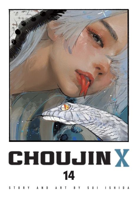 „CHOUJIN X 14“ steht unten. Eine Frau mit langer Zunge und eine Schlange sind gemalt.