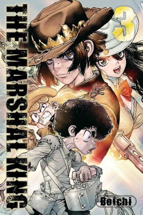 "The Marshal King" links, "3" groß rechts. Illustration: Vier Charaktere, ein Cowboy-Hut, lebendige Manga-Stil-Gesichter.