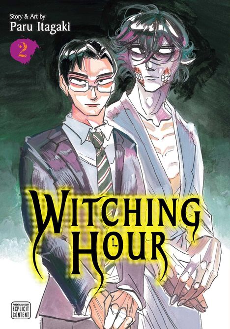"WITCHING HOUR" in gelber Schrift. Zwei Männer in Anzügen, einer mit Brille, der andere geisterhaft. Illustration.