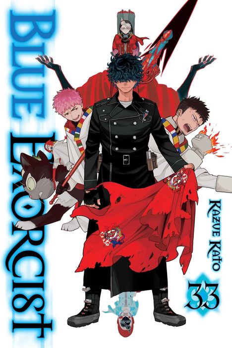 "Blue Exorcist, Kazue Kato, 33." Im Mittelpunkt: Person in schwarzer Uniform, umgeben von Gestalten und rotem Stoff.