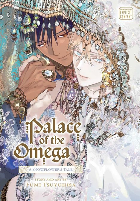 „Palace of the Omega“, Illustration mit zwei elegant gekleideten Personen unter funkelndem Schmuck, „Explicit Content“ Hinweis.