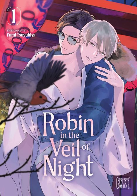 "Robin in the Veil of Night" steht zentral. Eine Illustration zeigt zwei Männer, einer mit Sonnenbrille, in einer Umarmung.