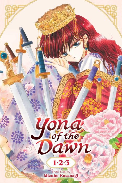 „Yona of the Dawn 1･2･3“ steht vor einer rothaarigen Frau in königlicher Kleidung, umgeben von Schwertern.
