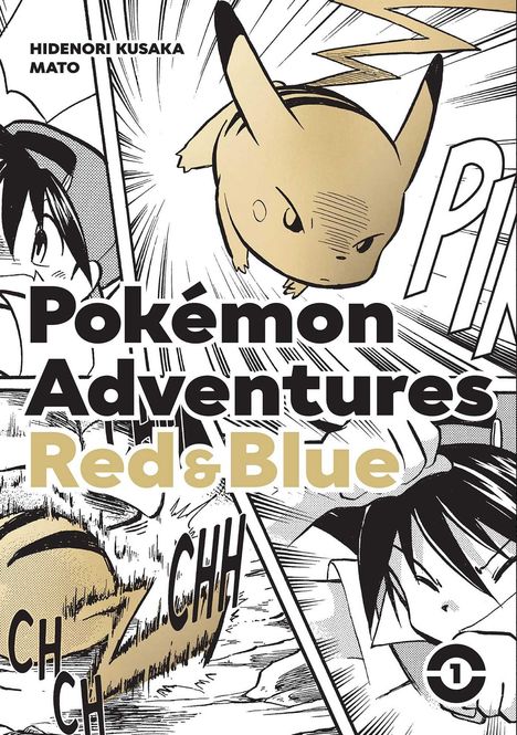Text: "Pokémon Adventures Red & Blue". Ein Pikachu mit entschlossenem Gesichtsausdruck. Japanischer Manga-Stil.