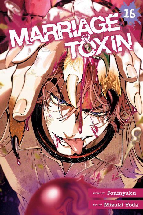 „MARRIAGE TOXIN 16“. Illustration eines Mannes mit blutigem Gesicht und herausgestreckter Zunge. Dynamische Farben.