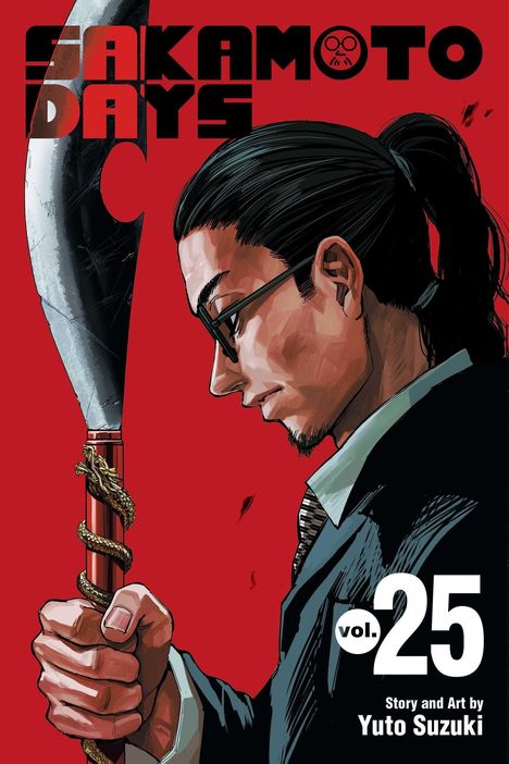 "Sakamoto Days vol. 25" Text auf rotem Hintergrund. Ein Mann mit Brille hält ein Schwert mit Drachenverzierung.