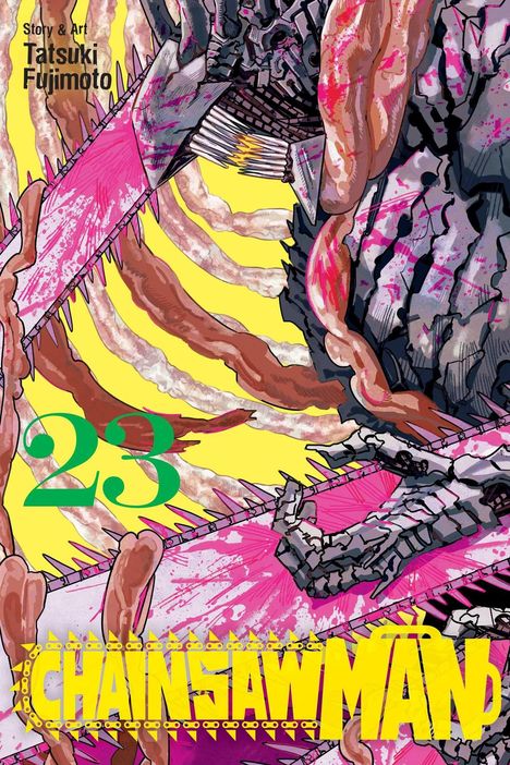 Text: „Story & Art Tatsuki Fujimoto“, „23“, „Chainsaw Man“. Illustration von Kettensägen, Eingeweiden und lebhaften Farben.