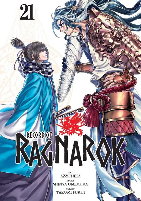„Record of Ragnarok 21“. Zwei Figuren, eine große gepanzerte, eine kleinere mit blauem Mantel, stehen sich gegenüber.