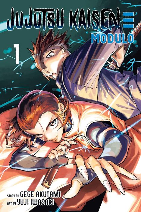 "JUJUTSU KAISEN 1 MODULO" steht oben. Zwei Figuren in dynamischer Kampfhaltung, mit intensiven Gesichtsausdrücken.