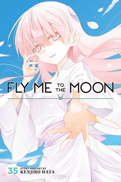 Text: "FLY ME TO THE MOON". Illustration: Figur mit rosa Haaren und weißem Gewand streckt Hand aus, blauer Himmel im Hintergrund.