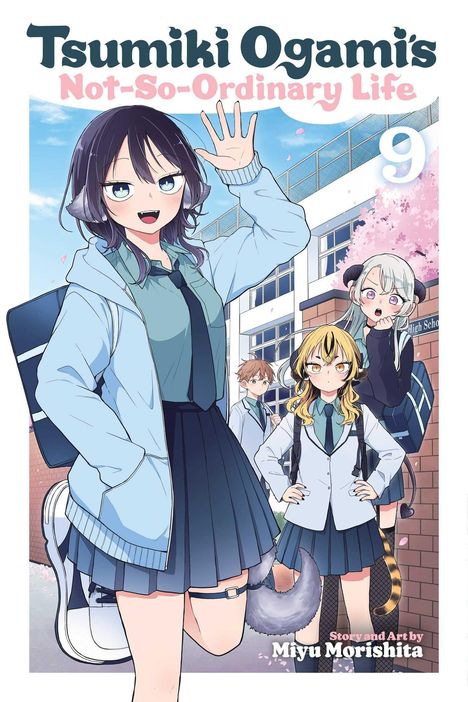 Text: "Tsumiki Ogami's Not-So-Ordinary Life 9" und "Story and Art by Miyu Morishita". Vier Anime-Charaktere vor einer Schule.