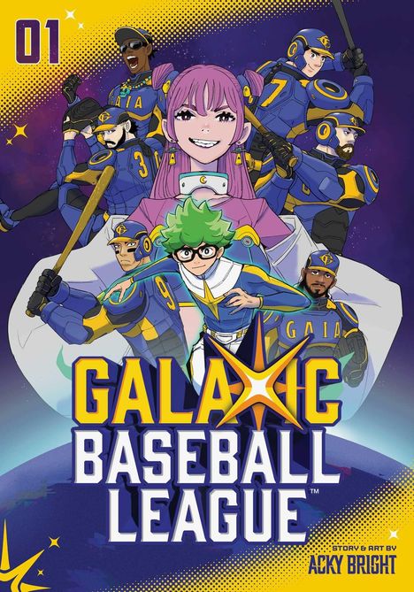 „01 GALACTIC BASEBALL LEAGUE“. Illustration von Baseballspielern in blauen Uniformen mit futuristischen Details.