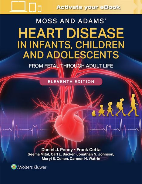 Titel: "Heart Disease in Infants, Children and Adolescents, Eleventh Edition". Hintergrund: Herz, EKG-Linie, Silhouetten.