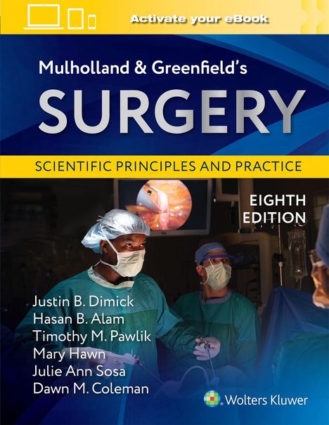 Titel: Mulholland & Greenfield's SURGERY, darunter "Scientific Principles and Practice". Ärzte in OP-Kleidung, Logo unten.