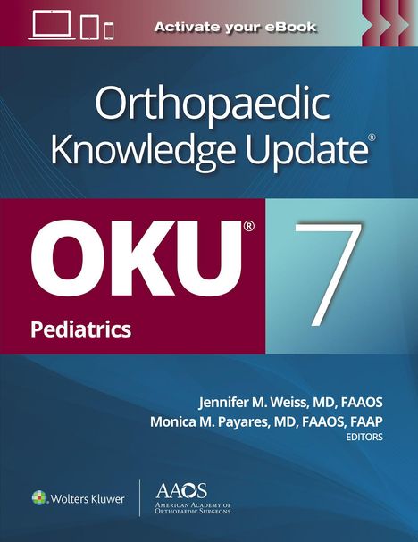 "Orthopaedic Knowledge Update" in Weiß auf Blau, darunter groß "OKU 7 Pediatrics". Unten Editoren und Logos.