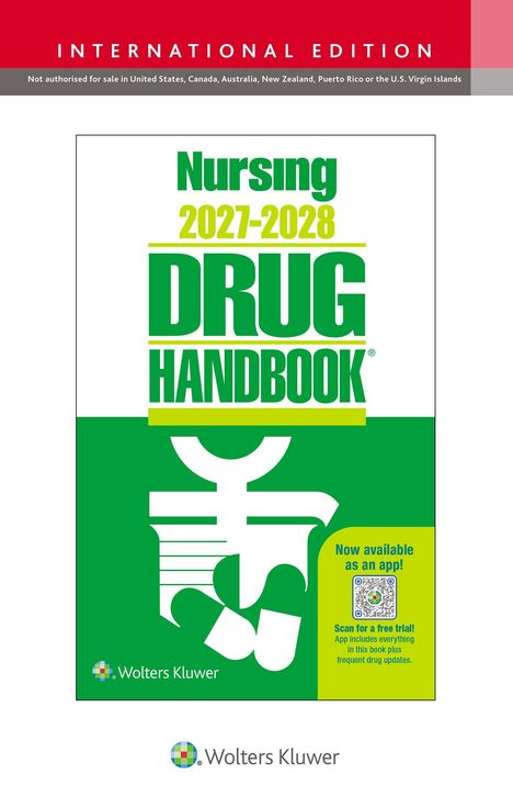 INTERNATIONAL EDITION oben. "Nursing 2027-2028 Drug Handbook" in der Mitte. Logo von Wolters Kluwer unten.