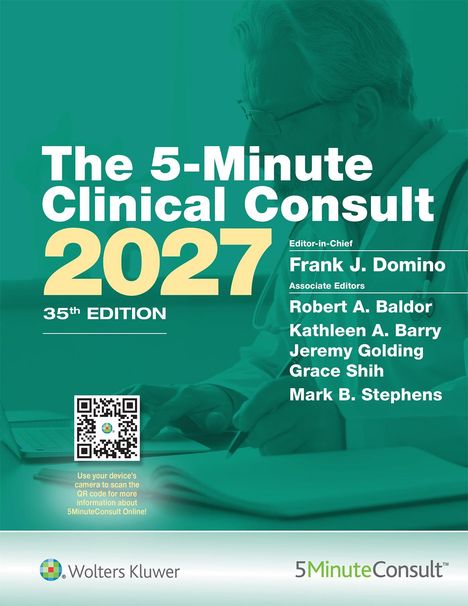 "The 5-Minute Clinical Consult 2027, 35th Edition, Editor-in-Chief Frank J. Domino." Arzt im Hintergrund, QR-Code.