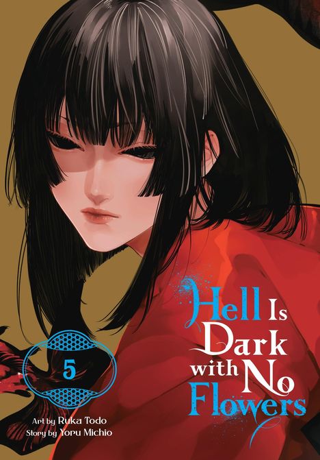 „Hell Is Dark with No Flowers“ in leuchtenden Buchstaben; Illustration eines nachdenklichen Gesichts mit schwarzen Haaren.