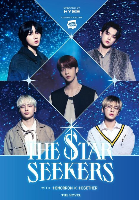 "THE STAR SEEKERS" oben, "WITH TOMORROW X TOGETHER" unten; fünf junge Männer vor einem funkelnden blauen Hintergrund.