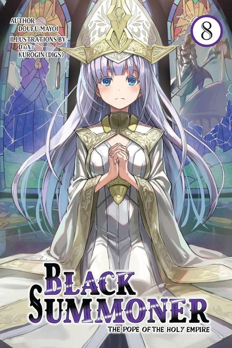 Text: Black Summoner, The Pope of the Holy Empire. Illustration einer Person in priesterlicher Kleidung, betend, vor bunten Fenstern.
