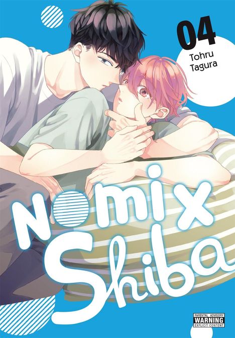 „Nomix Shiba 04 Tohru Tagura“ steht auf blauem Hintergrund. Zwei gezeichnete Figuren umarmen sich zärtlich.