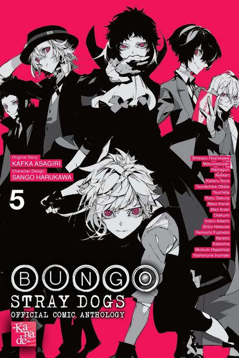 „Bungo Stray Dogs Official Comic Anthology 5.“ Manga-Charaktere in Schwarz-Weiß; roter Hintergrund, pinke Augen.