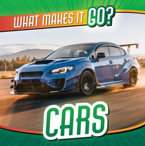 "What Makes It Go?" und "CARS" in markantem Design. Ein blauer Sportwagen fährt mit hoher Geschwindigkeit.