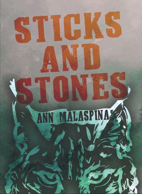 "STICKS AND STONES" und "ANN MALASPINA" sind groß im Zentrum. Im Hintergrund eine stilisierte, gezeichnete Raubkatze.
