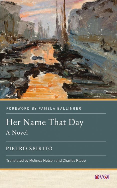 Titel: "Her Name That Day", Vorwort von Pamela Ballinger. Illustration: Impressionistische Landschaft mit Fluss und Bäumen.