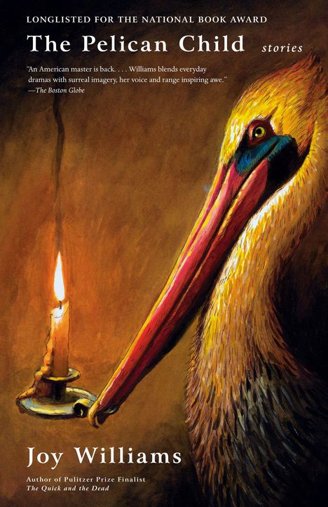 "The Pelican Child" von Joy Williams, Illustration: Pelikan mit brennender Kerze vor braunem Hintergrund.