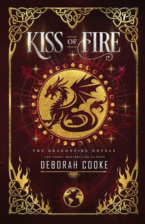 "Kiss of Fire". Drache umgeben von goldenen Ornamenten und Flammen. Stilvolle Illustration mit keltischen Mustern.