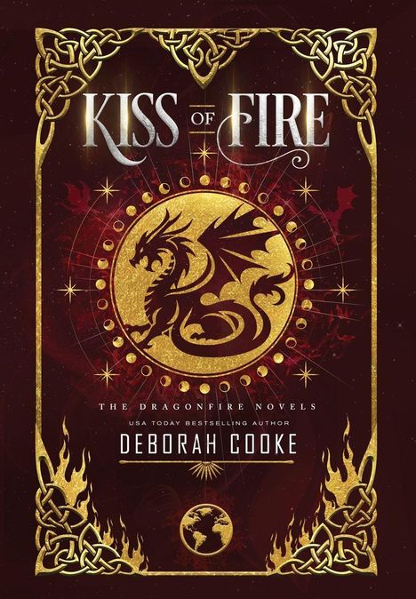 "Oberer Text: KISS OF FIRE. Goldener Drache, keltische Muster, Flammen und Sterne."