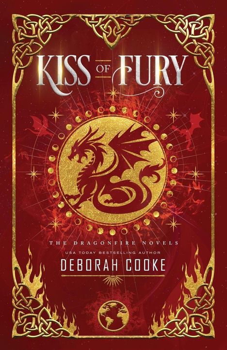 „KISS OF FURY“, „THE DRAGONFIRE NOVELS“, „DEBORAH COOKE“. Goldener Drache auf rotem Hintergrund, keltische Muster.
