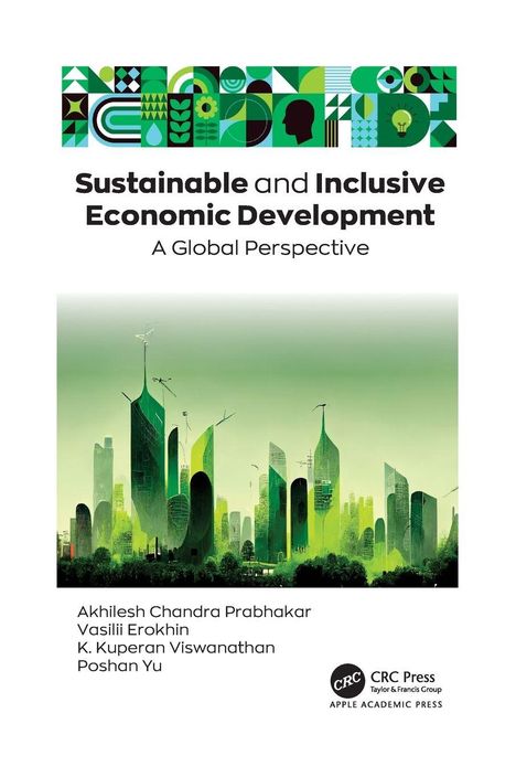 Titel: "Sustainable and Inclusive Economic Development". Futuristische grüne Stadt mit geometrischen Mustern oben.