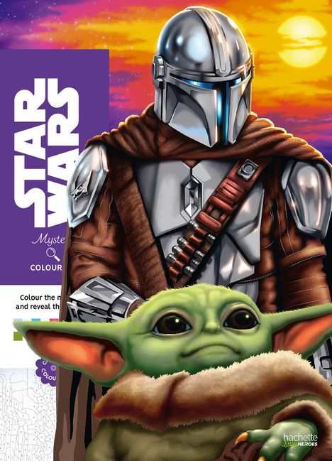 „Star Wars“ steht groß auf lila Hintergrund. Ein gepanzerter Krieger in silberner Rüstung hält eine grüne Kreatur.