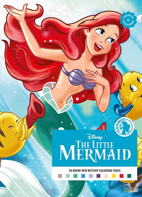 "The Little Mermaid", "CREATIVE COLOURING". Illustration: Rotes Haar, lila Muschel-Bikini, fröhlich, gelber Fisch daneben.
