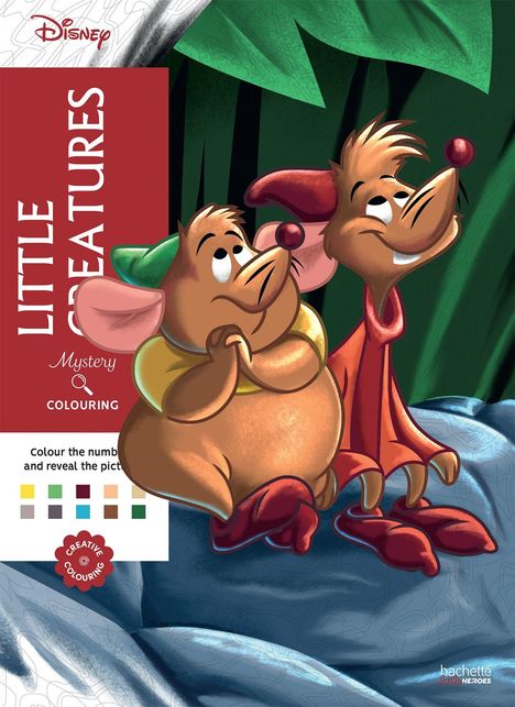 „Little Creatures Mystery Colouring“ steht links. Zwei fröhliche, gezeichnete Mäuse blicken in den Himmel.