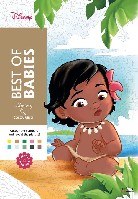 Cover mit "Best of Babies", "Colour the numbers and reveal the picture!", Baby mit Blume im Haar, Strandmotiv.
