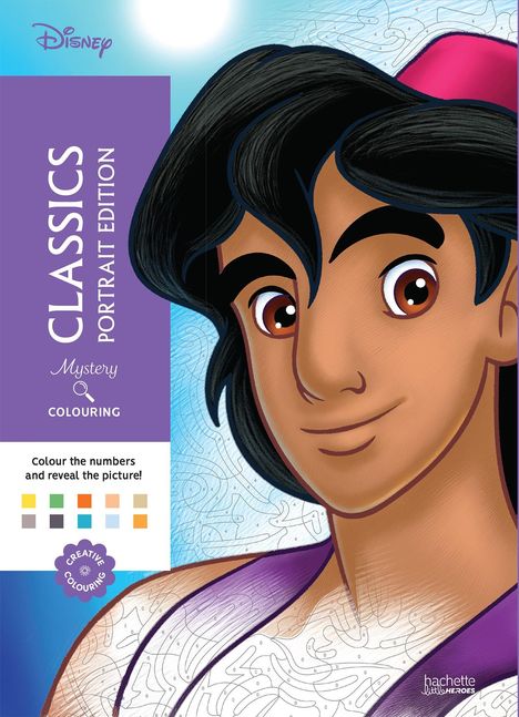 „CLASSICS Portrait Edition. Mystery Colouring. Colour the numbers and reveal the picture!“ Ein Charakter mit schwarzem Haar.